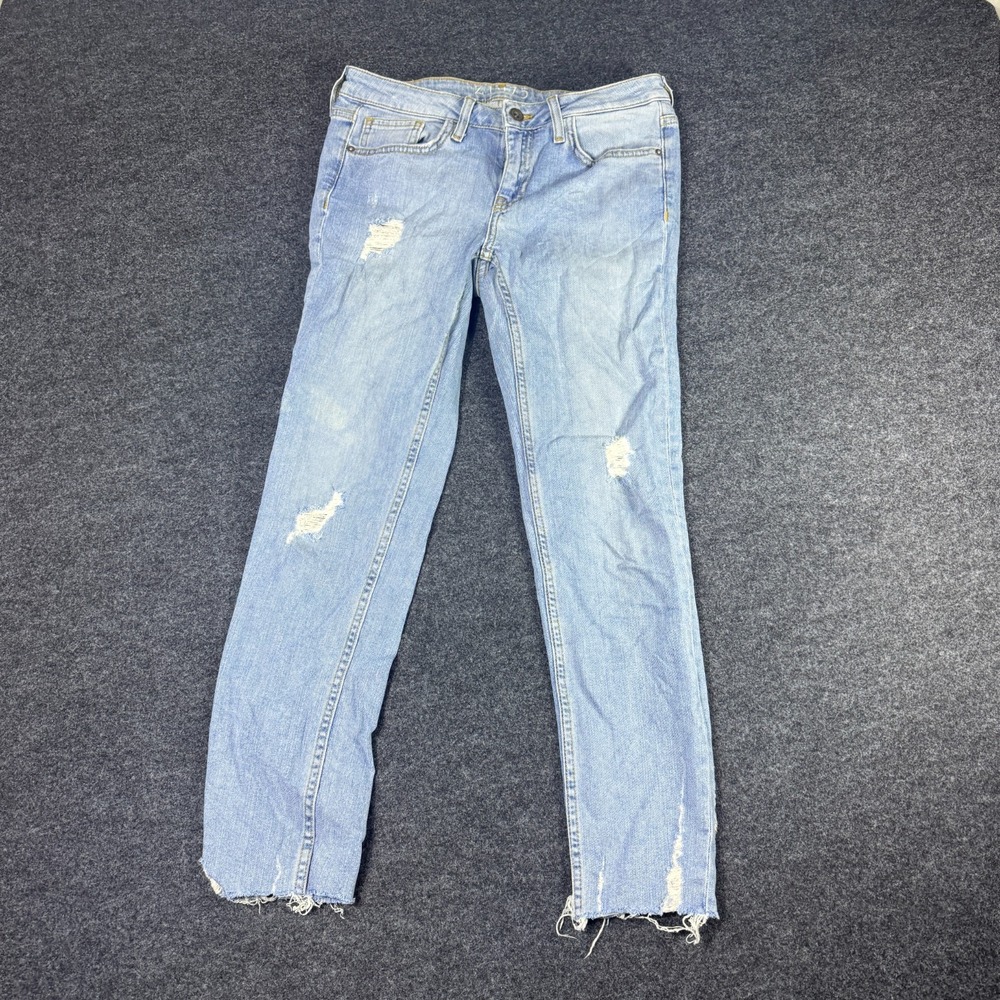 Zara Basic Z1975 Denim Straight Jeans Womens 4 Blue Denim Distressed Frayed Hem